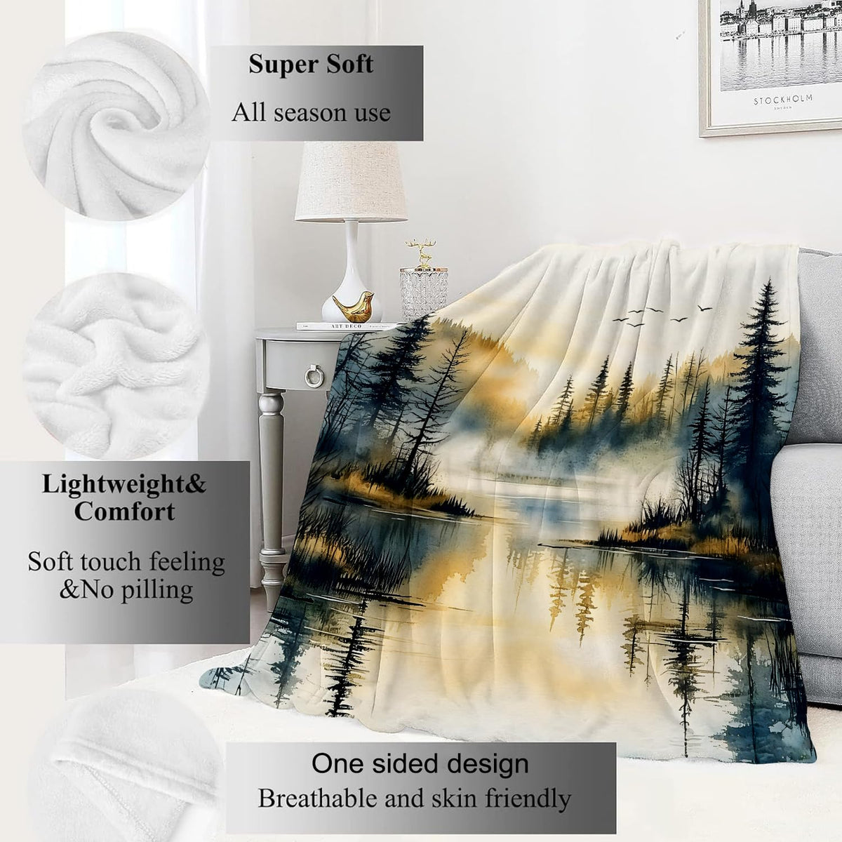 Misty Forest Lake Flannel Blanket (Misty Forest Lake / 60x80 inch)