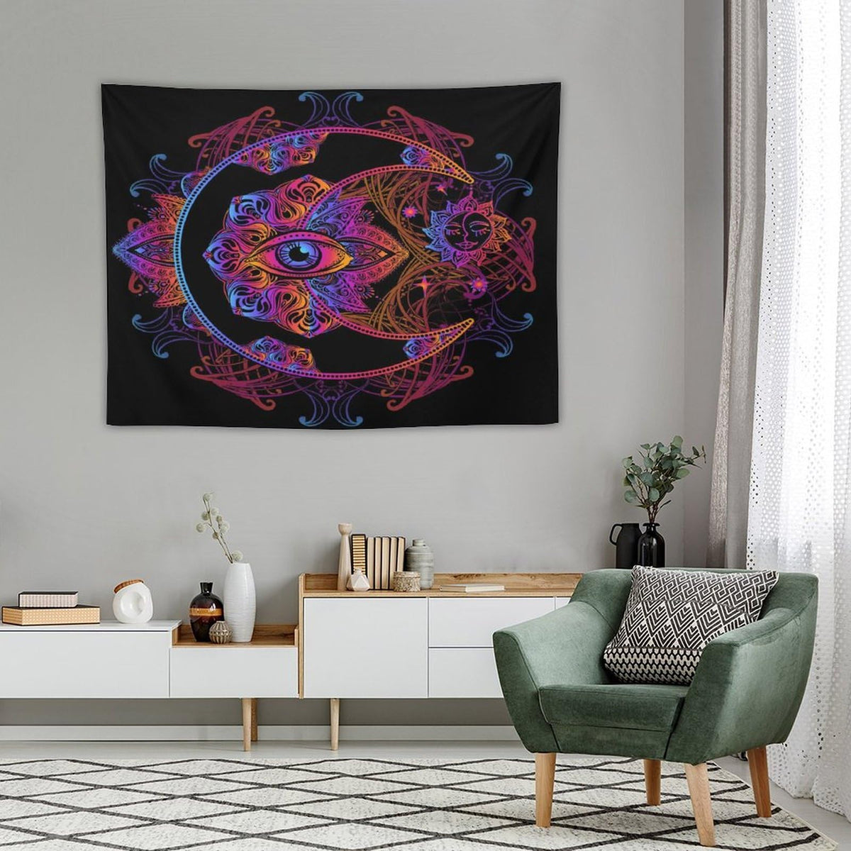 Boho Chic Tapestry Wall Hanging Crescent Moon and Sun with Elements of The Mandala Pattern Tapestries Home Decor for Living Room Bedroom Apartment Dorm 30"x40" (30"L x 40"W / Mandala)