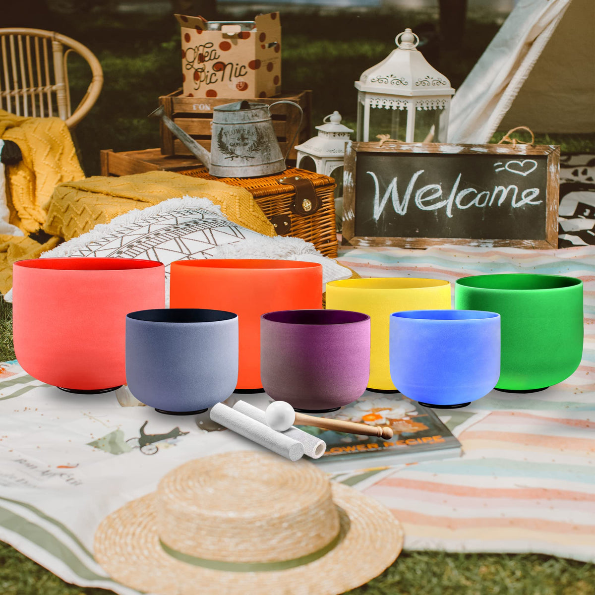 432Hz 7 12 Inch Colored Crystal Singing Bowl Set of 7 (7-12 Inch 432Hz / Colored)