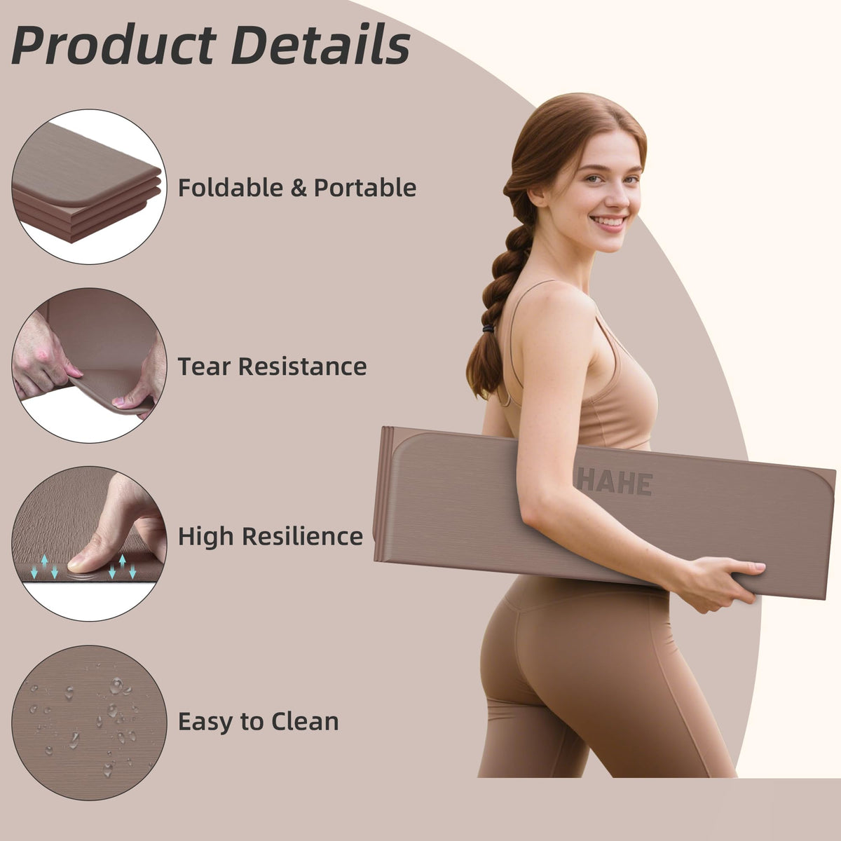 Foldable Yoga Mat 74"Lx32"Wx1 (Brown)