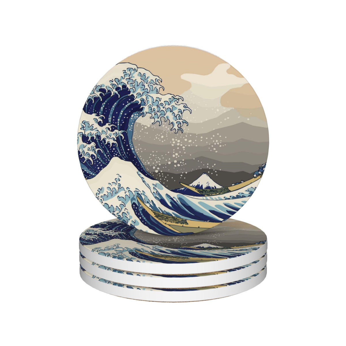 Japanese Style Waves Round 4" Cup Coasters Set of 4 (Japanese Style Waves)