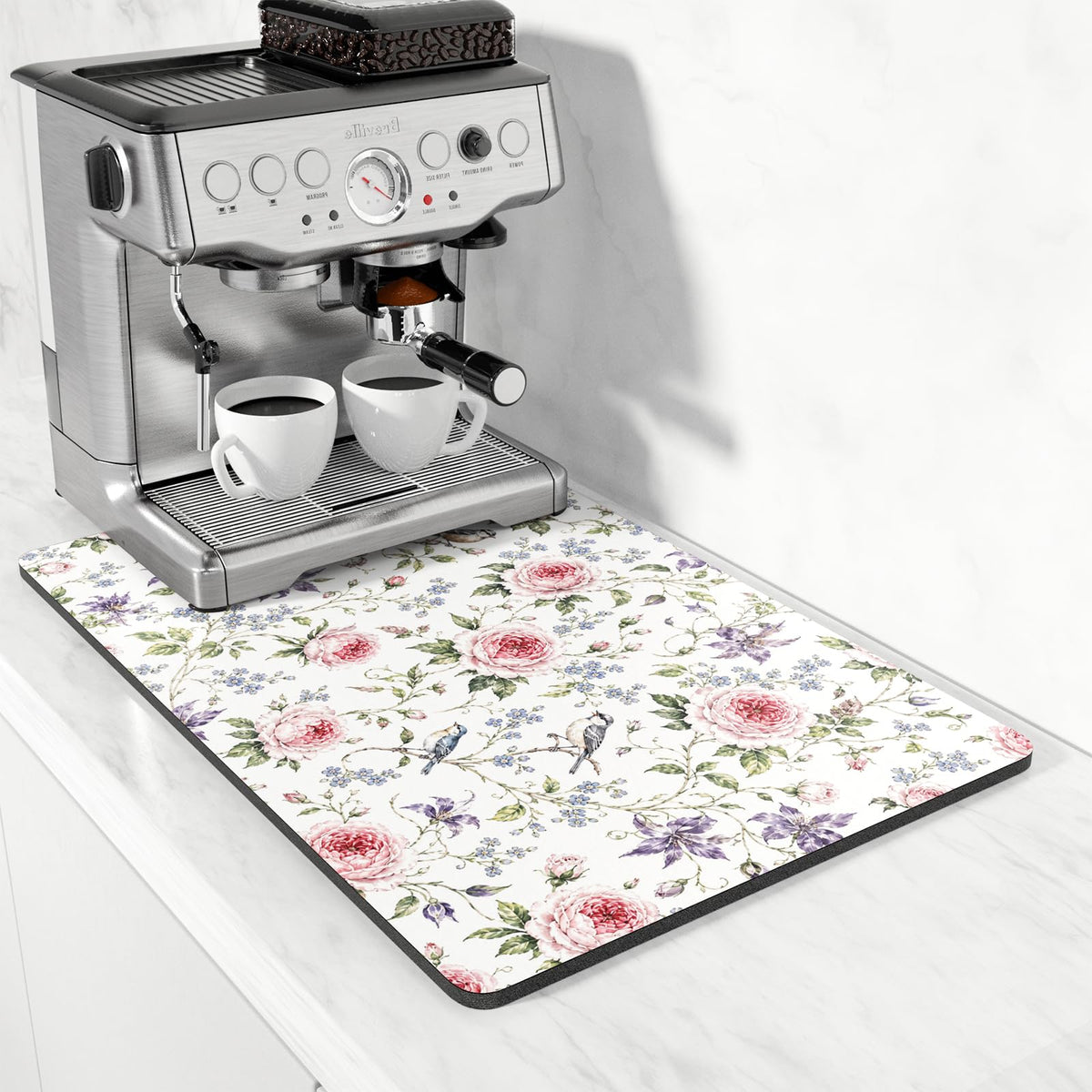Coffee Mat 16" x 24" Coffee Bar Mats for Espresso Machine Station Accessories and Organizer (Watercolor Pink Rose / 16" x 24")