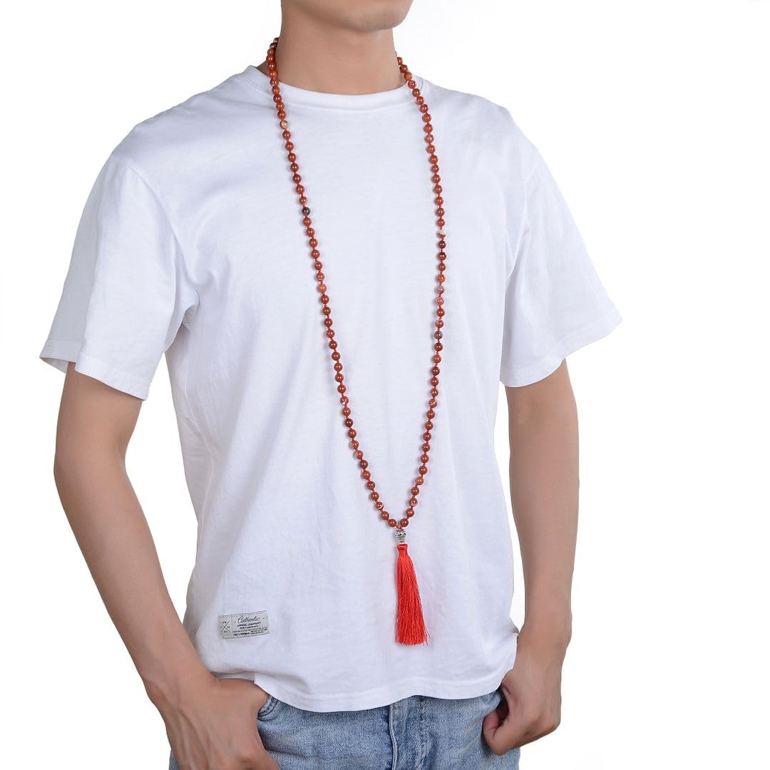 Real 108 Mala Beads 8mm Red River Jasper Stone Beaded Necklace (Red Jasper)