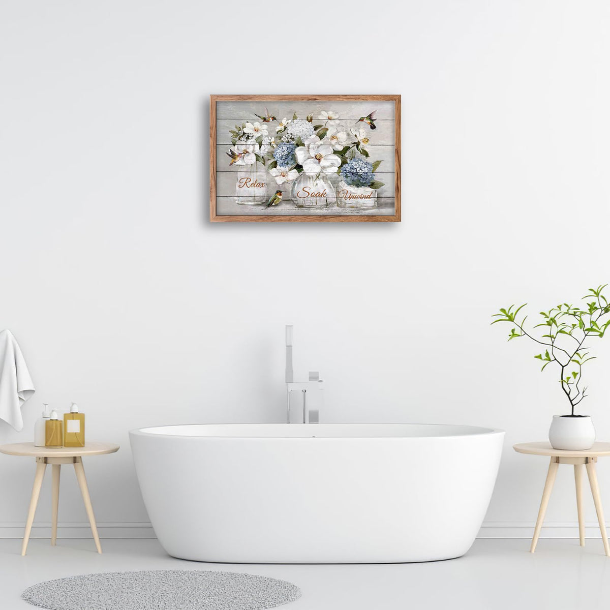 Bathroom Framed Wall Art Farmhouse Hummingbird White Floral Pictures Wall Decor Relax Soak Unwind Bathroom Sign Canvas Painting Artwork Home Decorations 24"x16" (Hummingbird Floral / 24"L x 16"W)