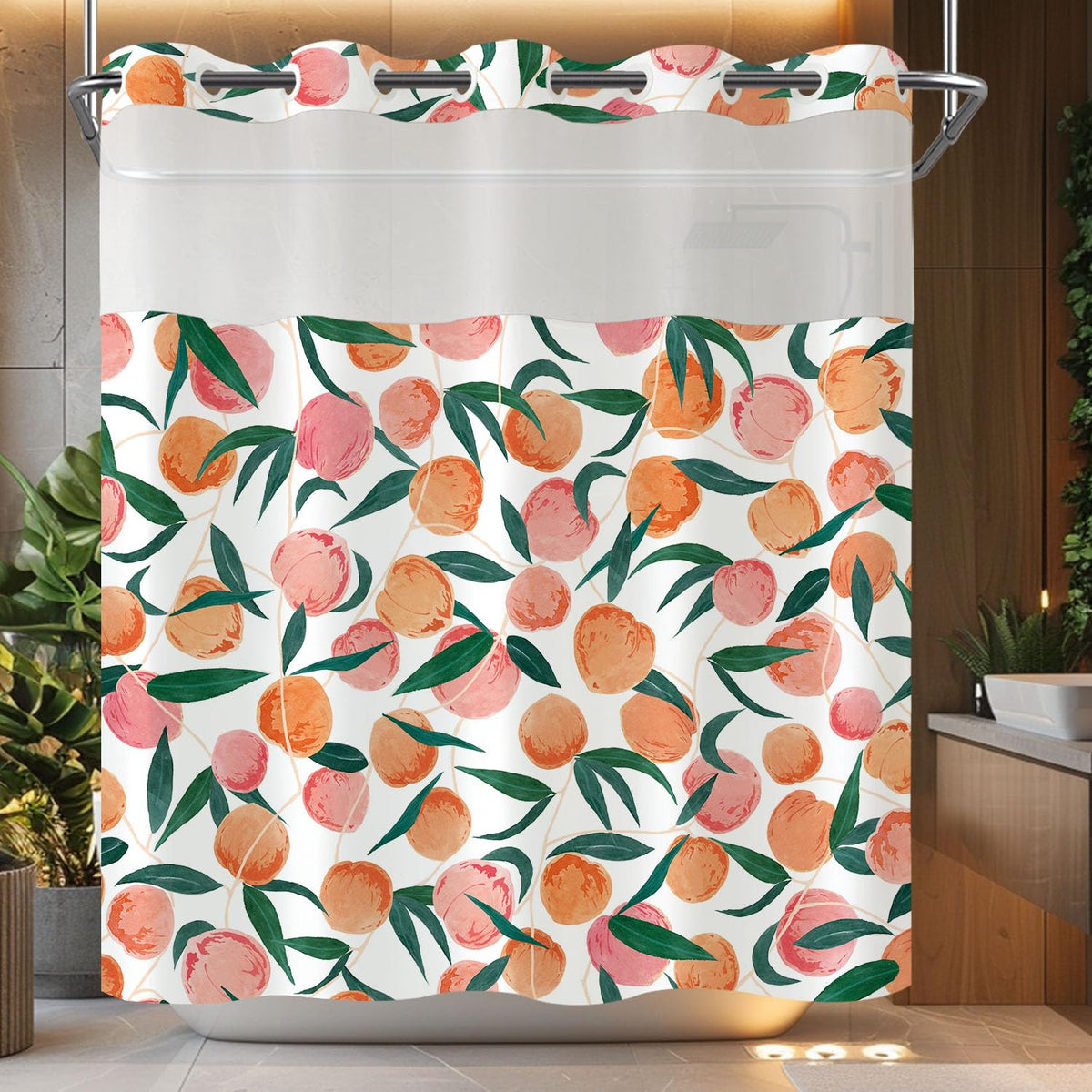 No Hook Shower Curtain with Snap in Liner (Hookless Peach / 72"W x 74"L (Pack of 1))