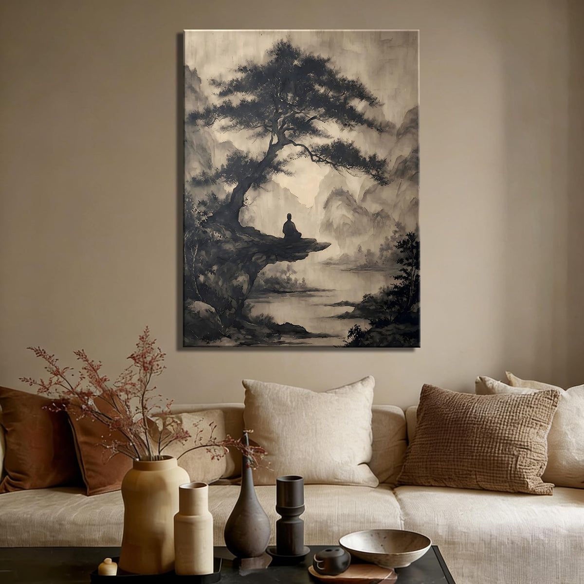 Framed Oriental Ink Wash Monk Canvas Art (Pictures30 / 18"L x 12"W)