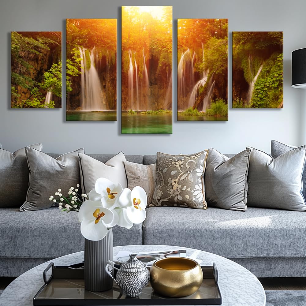 Wall Art Canvas Painting golden Forest Waterfall 5 Piece Mountain River Water Stream and Tree Picture Poster Print Framed and Stretched Ready to Hang for Living Room Bedroom office Artwork (16x24inchx2,16x32inchx2,16x40x1 / Artwork171)
