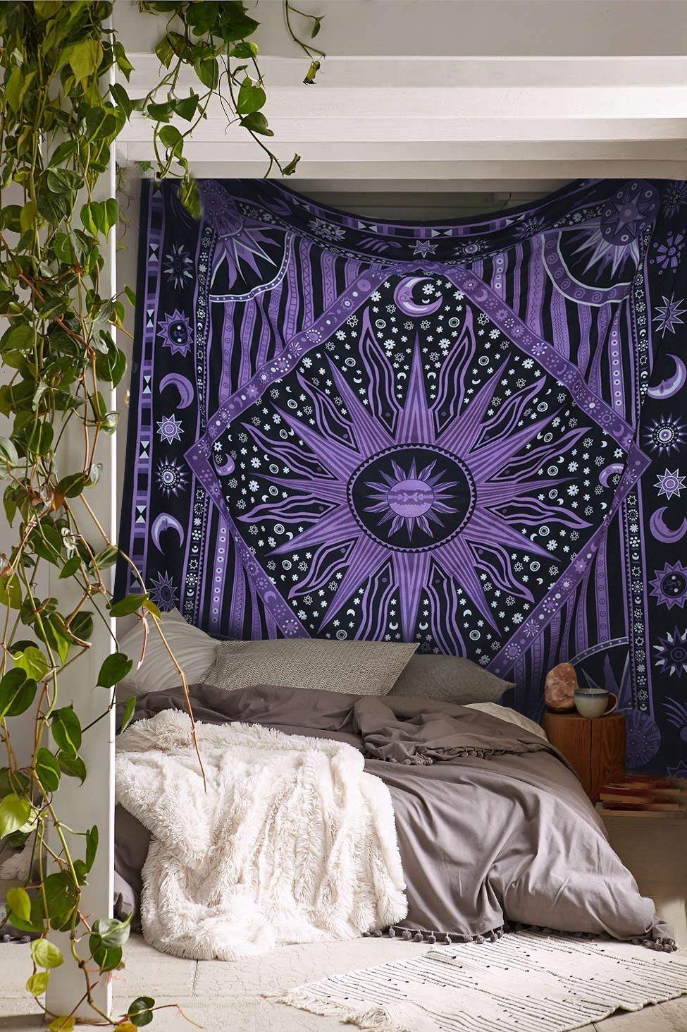Wall Hanging Tapestry For Bedroom Hippie Burning Sun and Moon Meditation Bohemian Hippy Psychedelic Design Indian Tapestries Bedspread 90 x 108 inches (108"L x 90"W / Purple)