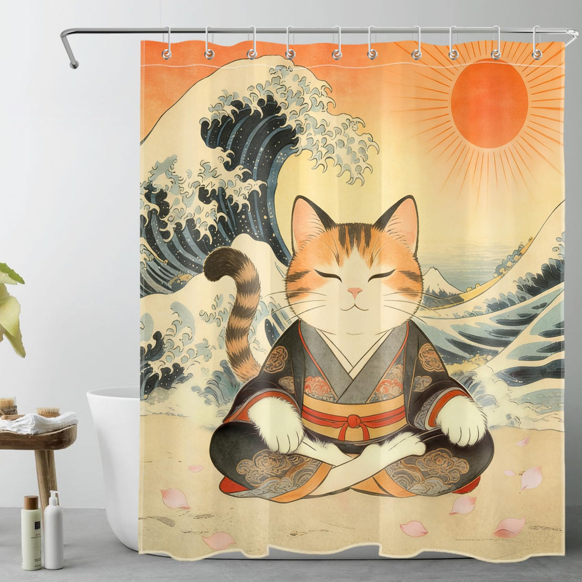 Japanese Cat Shower Curtain for Bathroom (Red / 60"W x 72"L (Pack of 1))