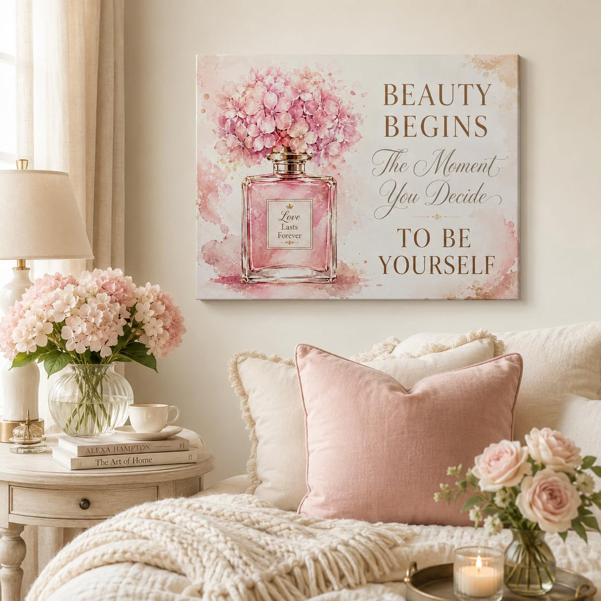 Self Love Quote Framed Wall Art Canvas Pink Floral Home Decor 16x24 Inches (Blush Perfume Bottle / 24"L x 16"W)