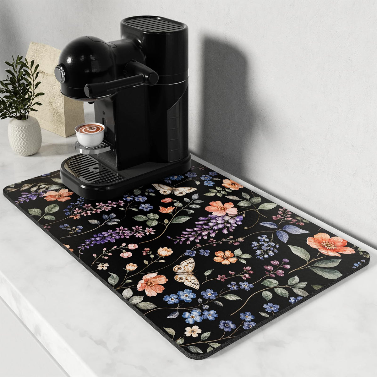 Coffee Mat 12" x 19" Coffee Bar Mats for Espresso Machine Station Accessories and Organizer (Watercolor Wildflower / 12" x 19")