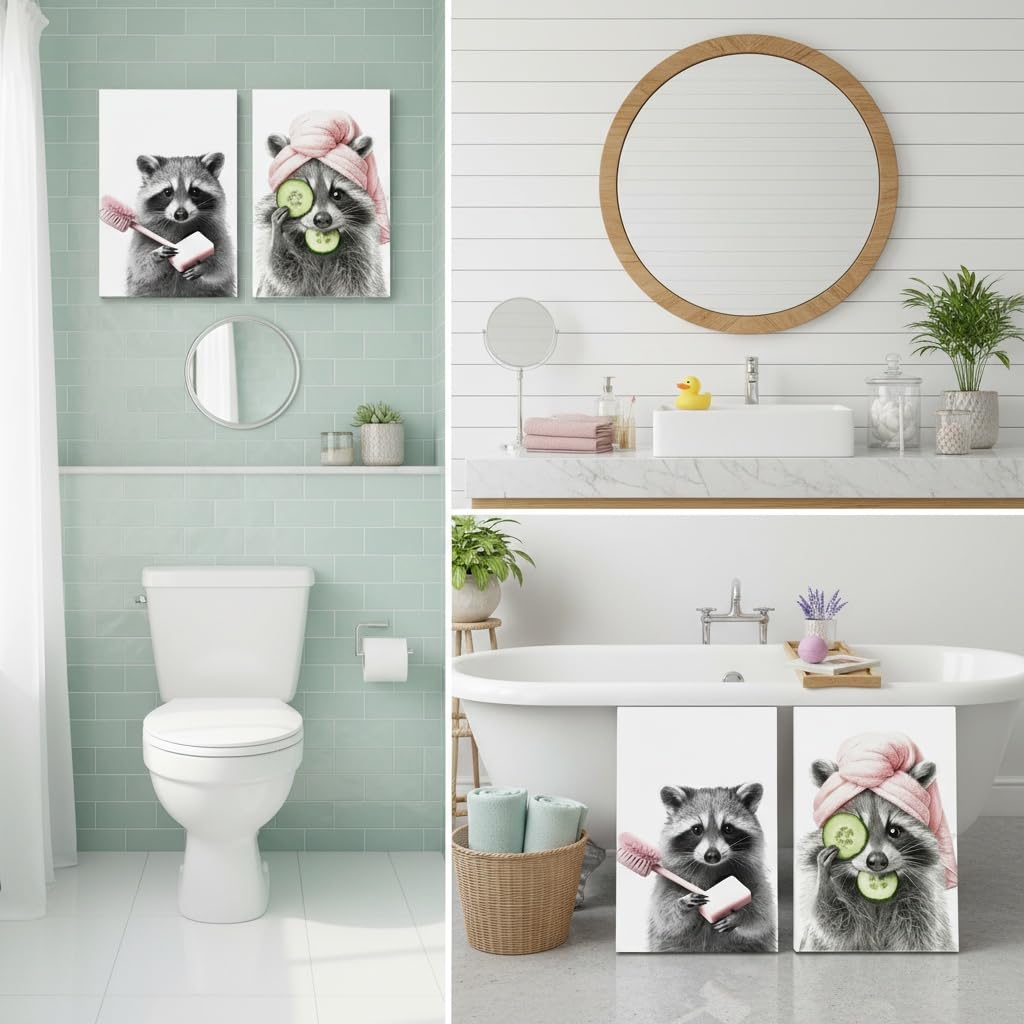 Funny Raccoon Bathroom Wall Art Black White Pink Animal Canvas Prints (Raccoon / 16"L x 12"W)