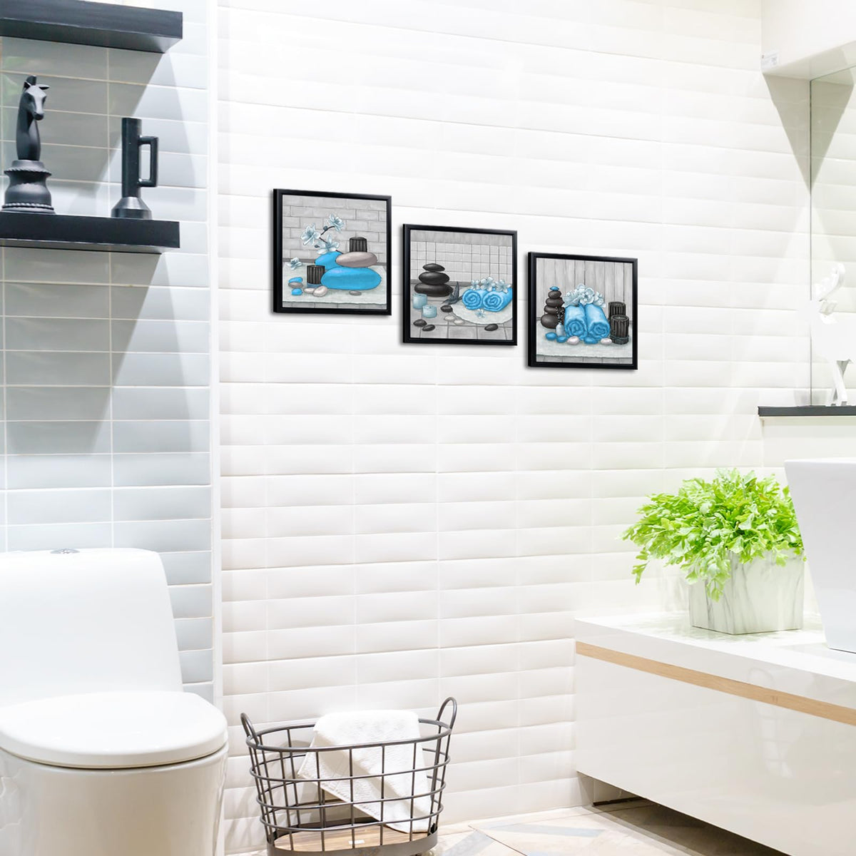 Zen Wall Art Decor Blue Bathroom Pictures Painting with Black Frames 12"x12" for Each (Light Blue)