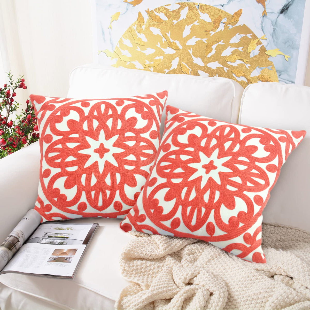 Embroidered Decorative Throw Pillow Cover 18"x 18" Set of 2 (Coral Peach / 18" x 18" (Pack of 2))