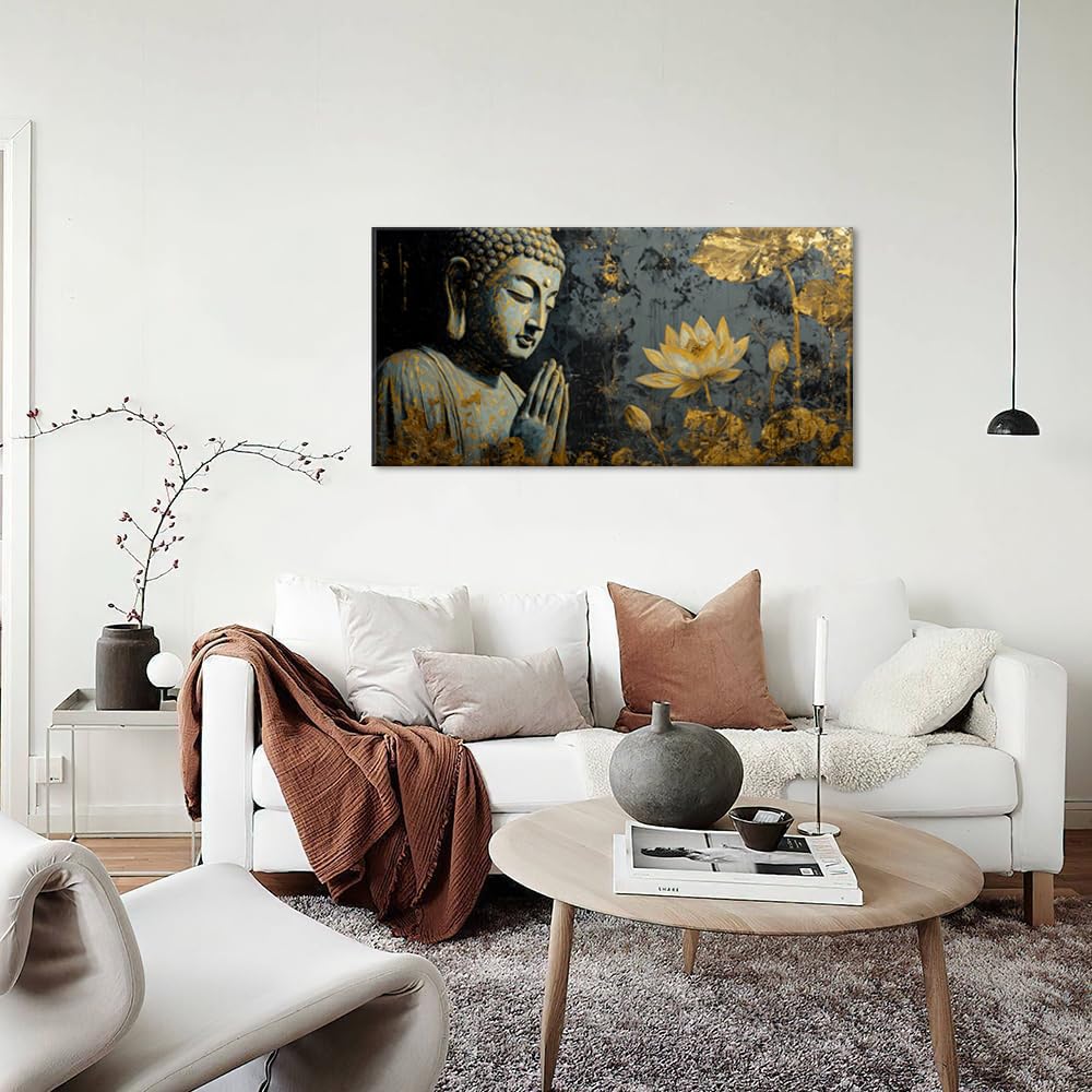 Teal Buddha Statue Wall Art for Living Room Office Contemporary Religious Buddha Painting Prints Mysterious Canvas Artwork Dining Bedroom Decor Large (Contemporary / Teal Gold Buddha Statue Wall Art / 46L" x 23W")