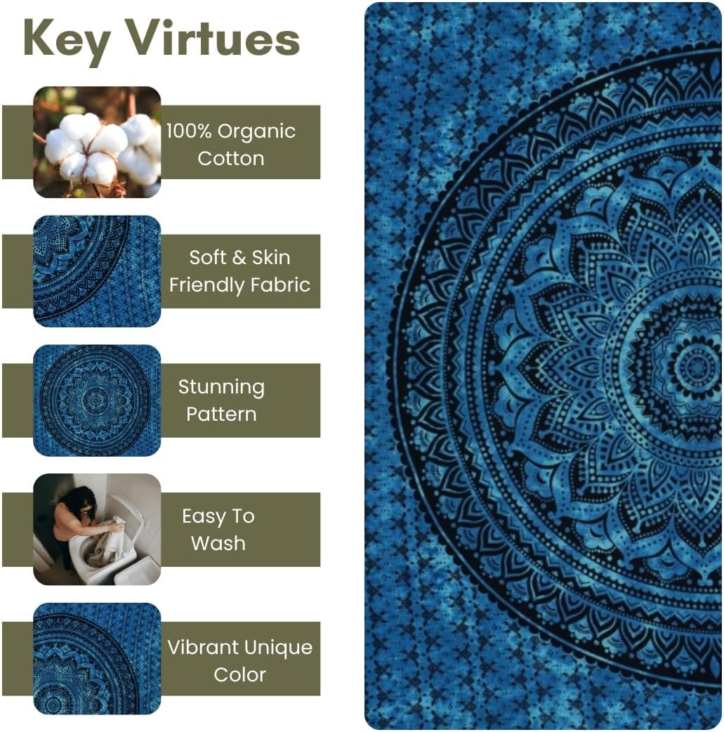 Hand Block Printed Cotton Mandala Wall Tapestry (Blue / 60"L x 50"W)