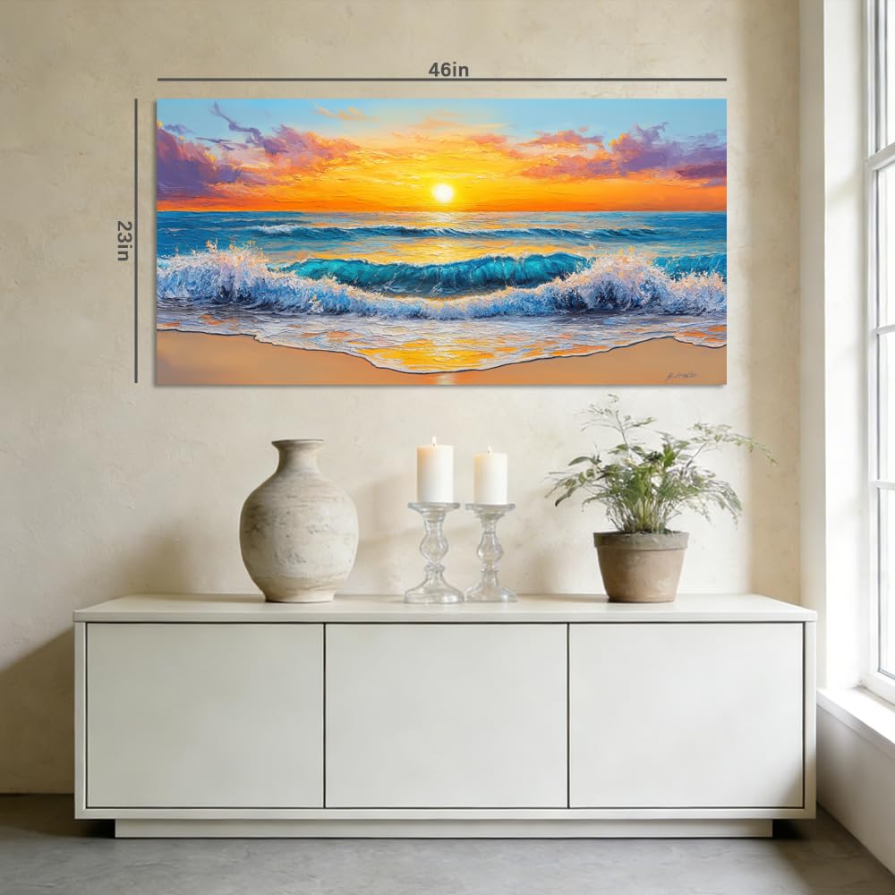 Modern Coastal Canvas Wall Art Beach Sunset Ocean Landscape Painting Flat Print Gallery Wrapped Nautical Farmhouse Home Artwork for Living Room Bedroom Bathroom Decor (Abstract / White Ocean Wave Sunset 16 / 46"L x 23"W)
