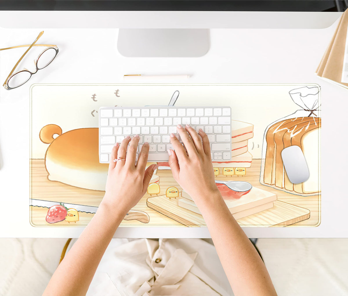 Cute Desk Mat Anime Cartoon Desk Pad Mouse Pad Kawaii Large Yellow Shiba Inu Gaming Mousepad XXL Laptop Keyboard Desktop Writing Pad Stitched Edge Desk Accessories for Girls Students 31.5''X15.7'' (Yellow Toast Bread)