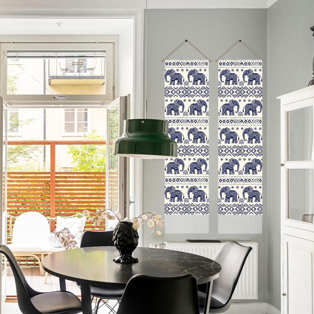 2Pcs Bohemian Elephant Long Vertical Tapestry (Blue-elephant)