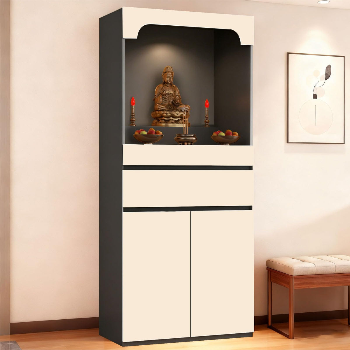 Altar Table Pooja Cabinet with Drawers and Storage Cabinets (35.4×15.7×65.4in / Beige+dark Gray)