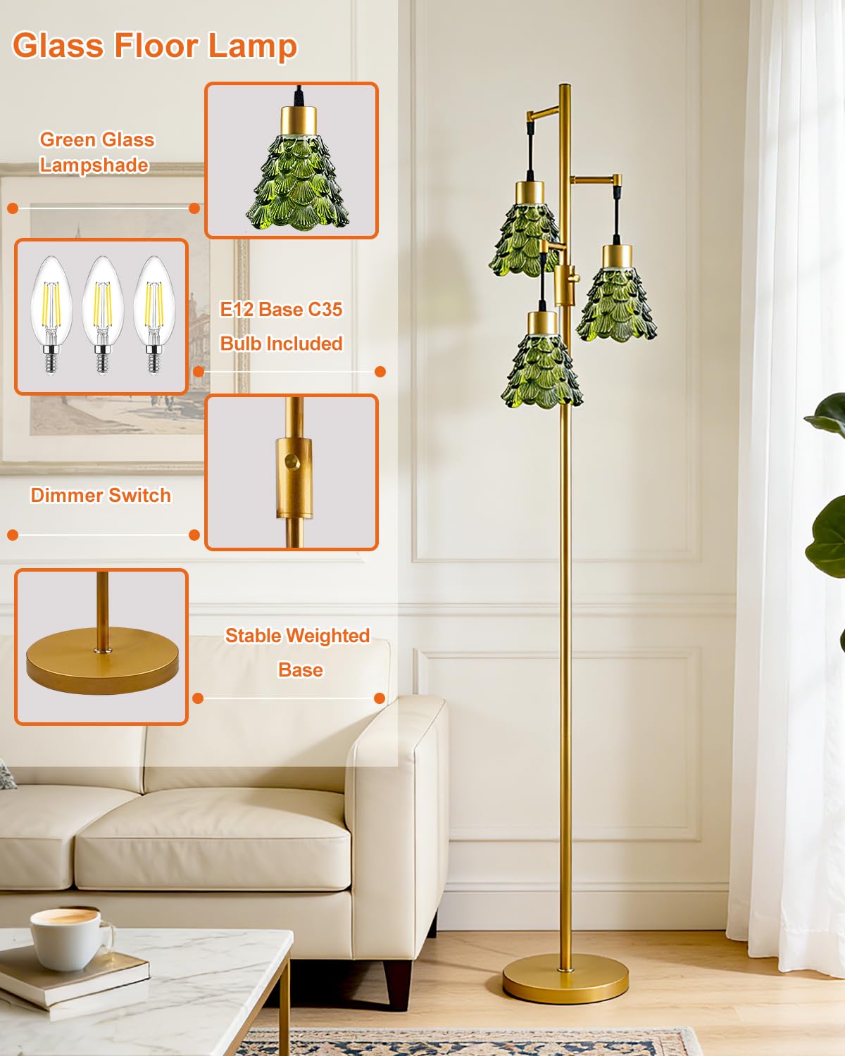 Glass Floor Lamp 3 (3 Green Horn-Gold)
