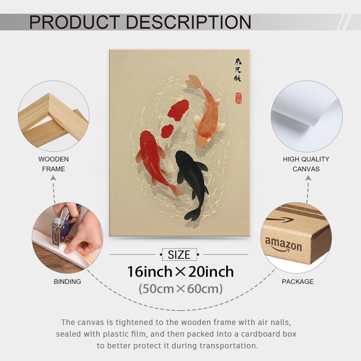 Japanese Koi Fish Framed Poster Minimalist Asian Wall Art 16x20 inch Vintage Zen Water Painting Modern Oriental Fish Artwork Japan Decor Aesthetic Prints for Living Room Bedroom Office Ready to hang (Wrapped Canvas / Japanese Artwork / 20"L x 16"W)