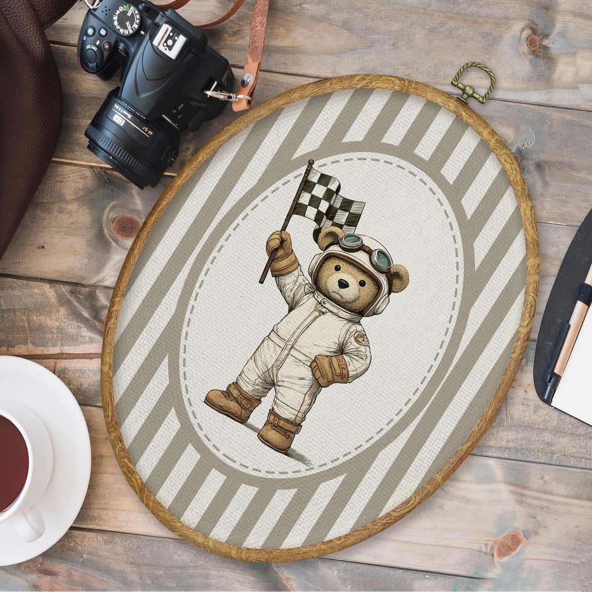 Vintage Racer Bear Nursery Oval Wall Art Decor (Color046)