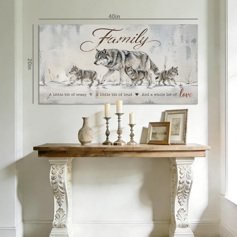 Wolf Family Canvas Wall Art Rustic Farmhouse Winter Wildlife Painting with Inspirational Quote Flat Print Gallery Wrapped Artwork for Living Room Bedroom Bathroom Decor (Retro / Wolf Family 30 / 58"L x 28"W)