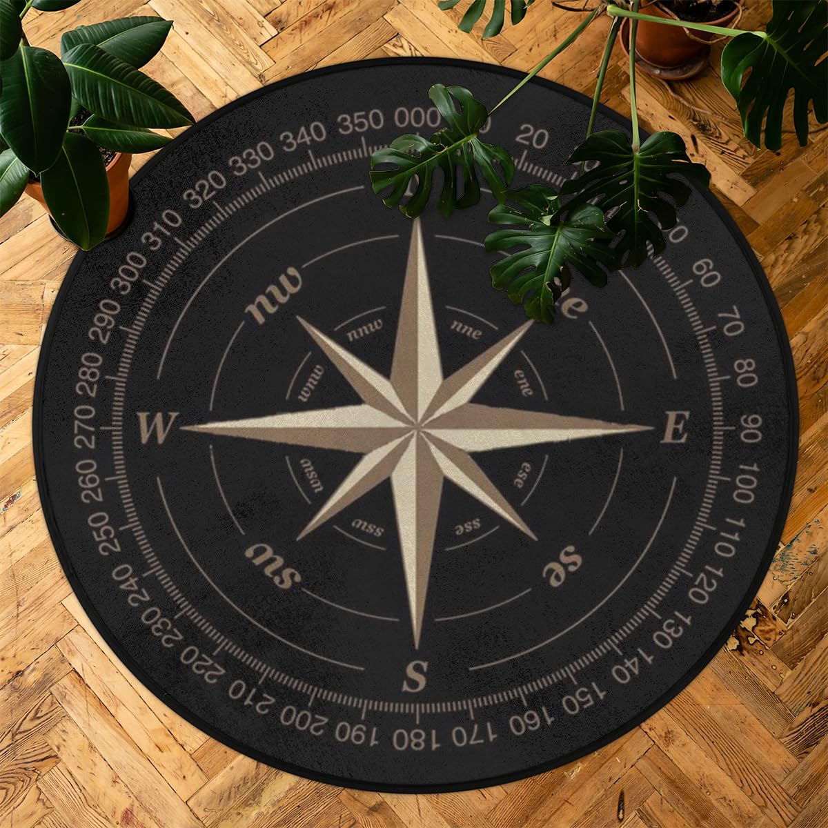 Compass Rose Round Area Rug 3Ft Artwork Black Circle Carpet Floor Mat (3 ft / Compass)