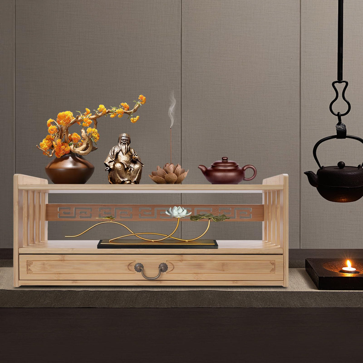 Altar Table Meditation Table with 1 Drawer Coffee Table for Sitting Multi (Wood Color / 69*25*28cm/27.2*9.8*11in)