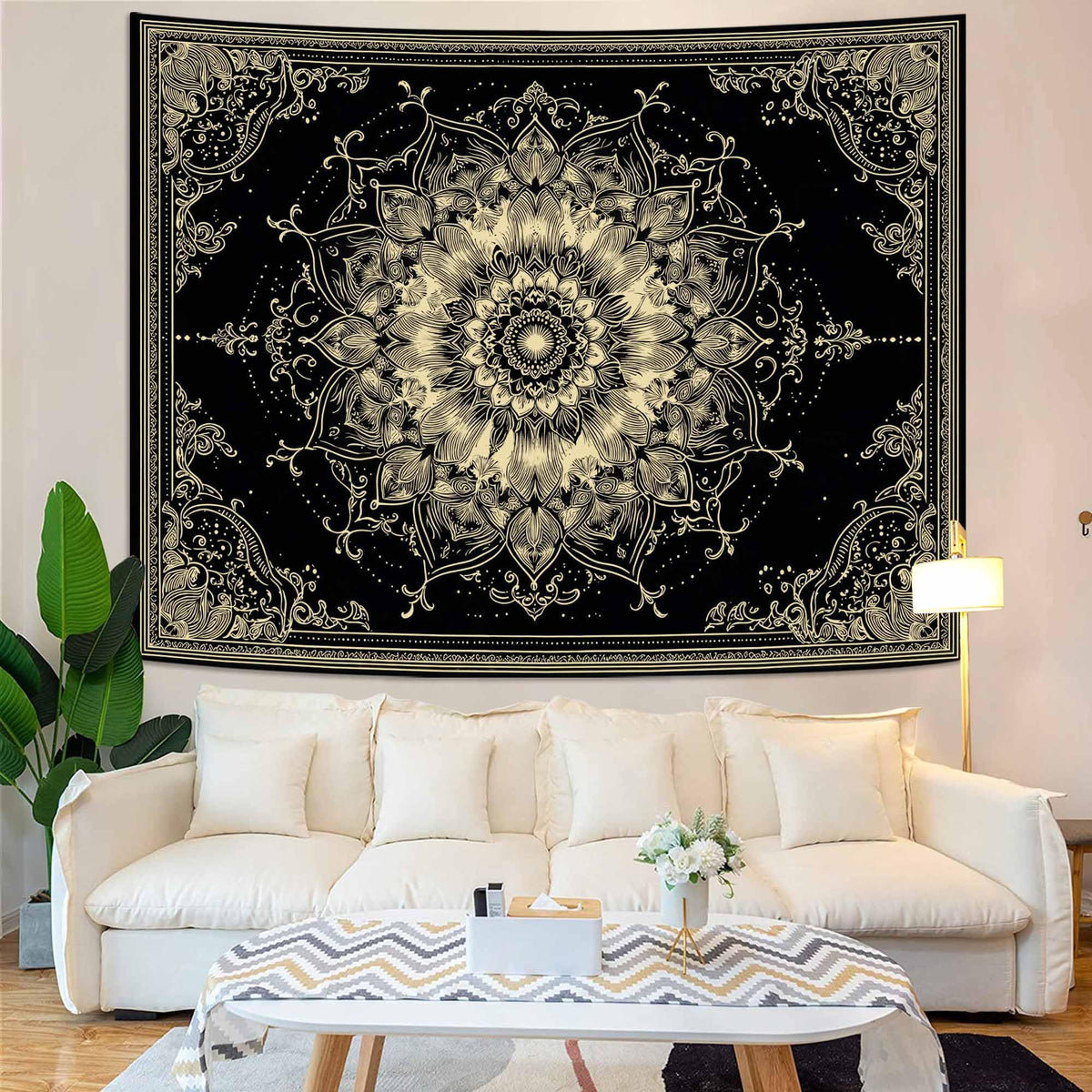 Golden Outline Mandala Tapestry (90"L x 70"W / Red)