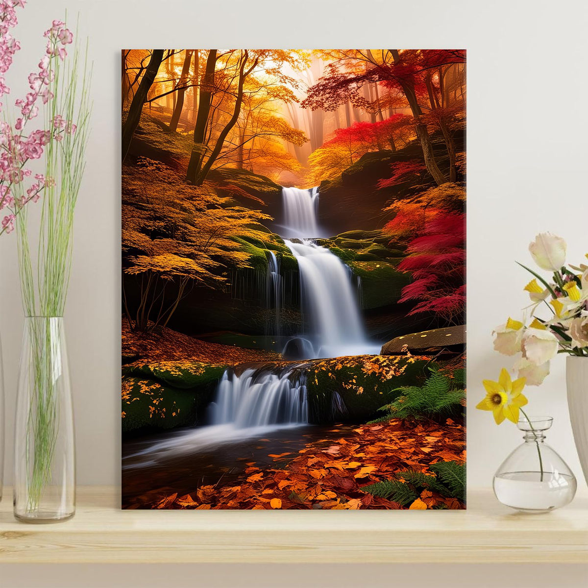 Waterfall Wall Art Burnt Orange Fall Tree Wall Decor Nature Tropical Forest Landscape Pictures for Living Room Maple Trees Painting Canvas Prints River Scenery Artwork Bedroom Home Decorations 12x16" (12"L x 16"W / Fall03)