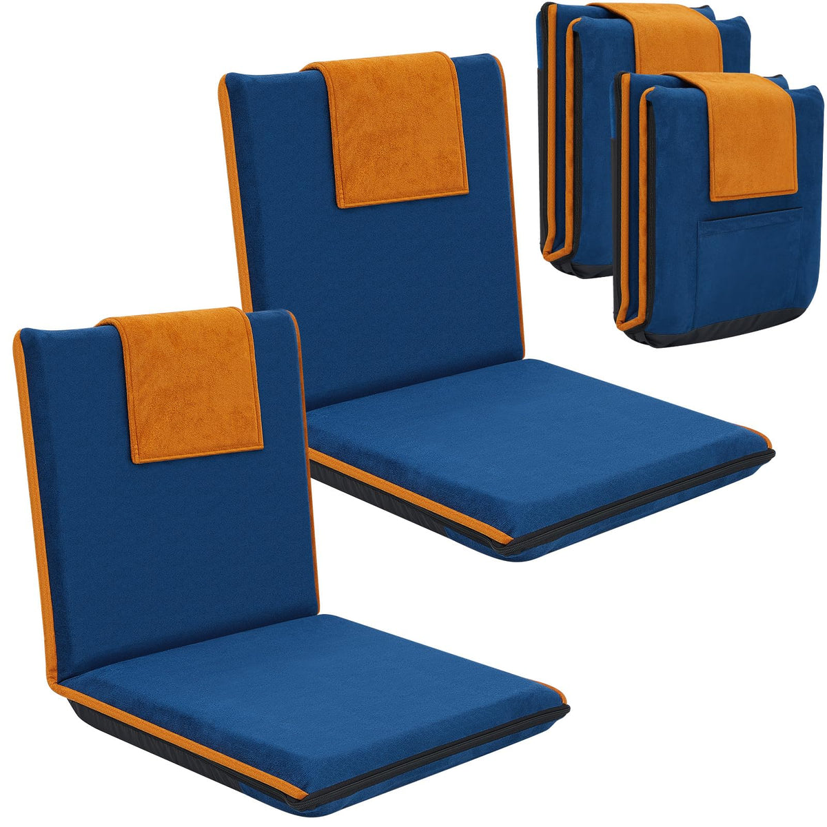 2 Pcs Floor Chair with Back Support Padded Floor Seating Portable Floor Seat Meditation Cushion Adjustable Fully Folding Backrest for Adult Kid Gaming Linen Washable Cover (Blue, Khaki)