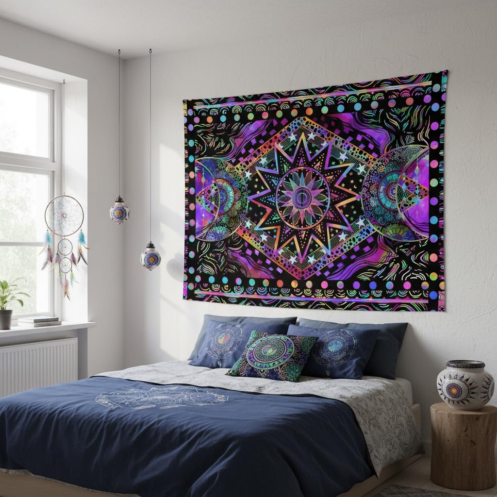 Blacklight Sun and Moon Tapestry Glow in The Dark Neon Hippie Bohemian Tapestries for Bedroom Aesthetic UV Reactive Purple Celestial Tie Dye Tapestry Wall Hanging for Living Room Dorm (Purple / 80"L x 60"W)