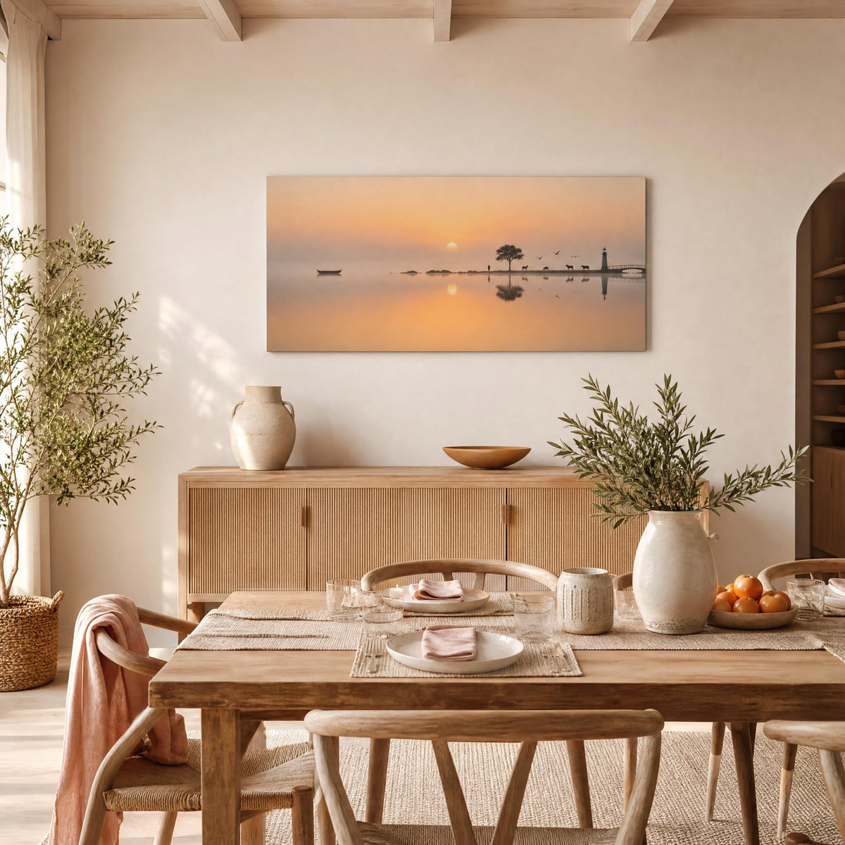 Sunset Beach Canvas Wall Art Silhouette Ocean Landscape Painting Flat Print Gallery Wrapped Coastal Artwork for Living Room Bedroom Bathroom Decor (Mysterious / White Lighthouse Tree 17 / 40"L x 20"W)