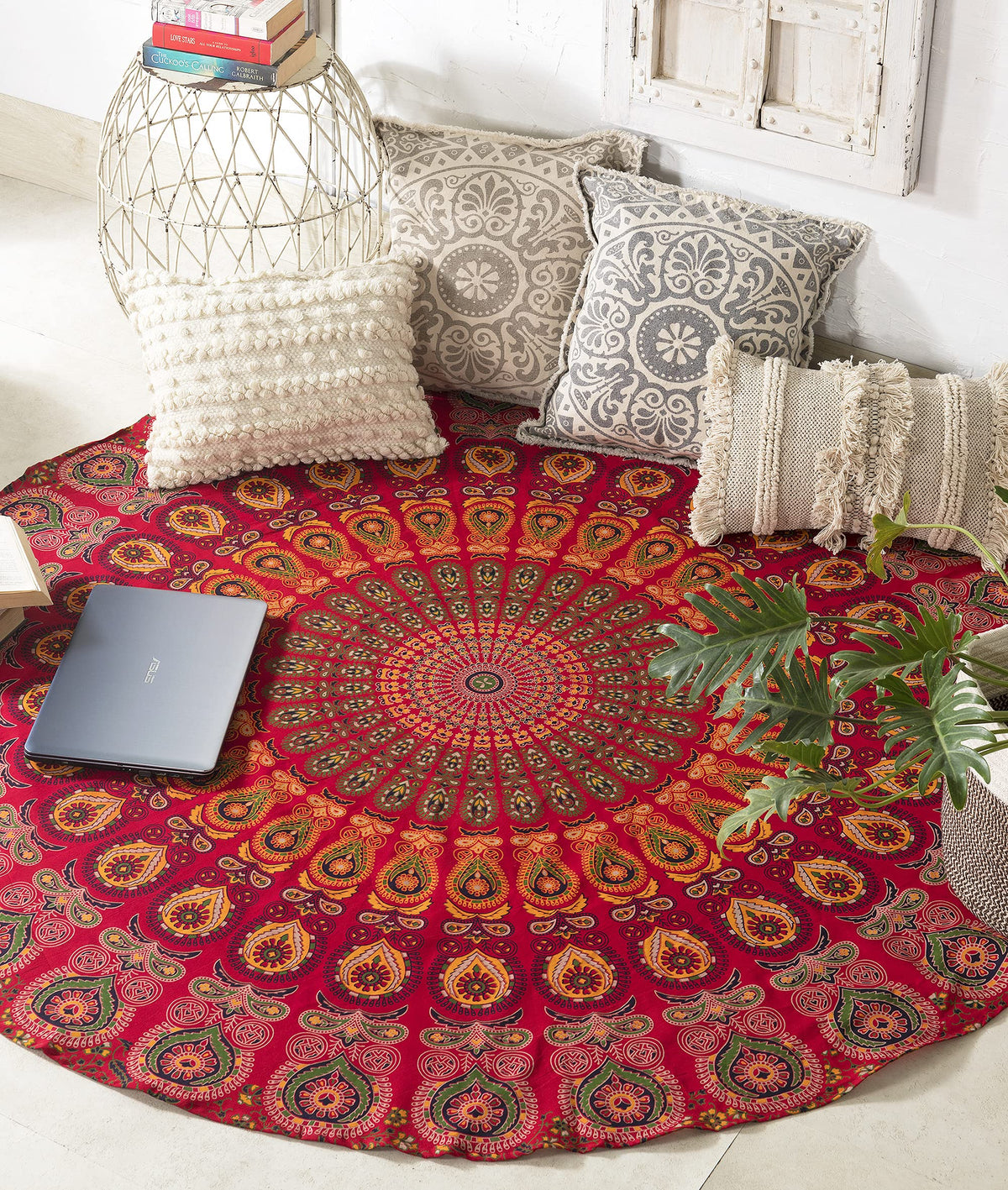 Round Tapestry Wall Hanging Hippie Mandala Roundie Bohemian Hippy Intricate Indian Tapestries Tablecloth 70 Inches (Red_Yellow / 70"L x 70"W)