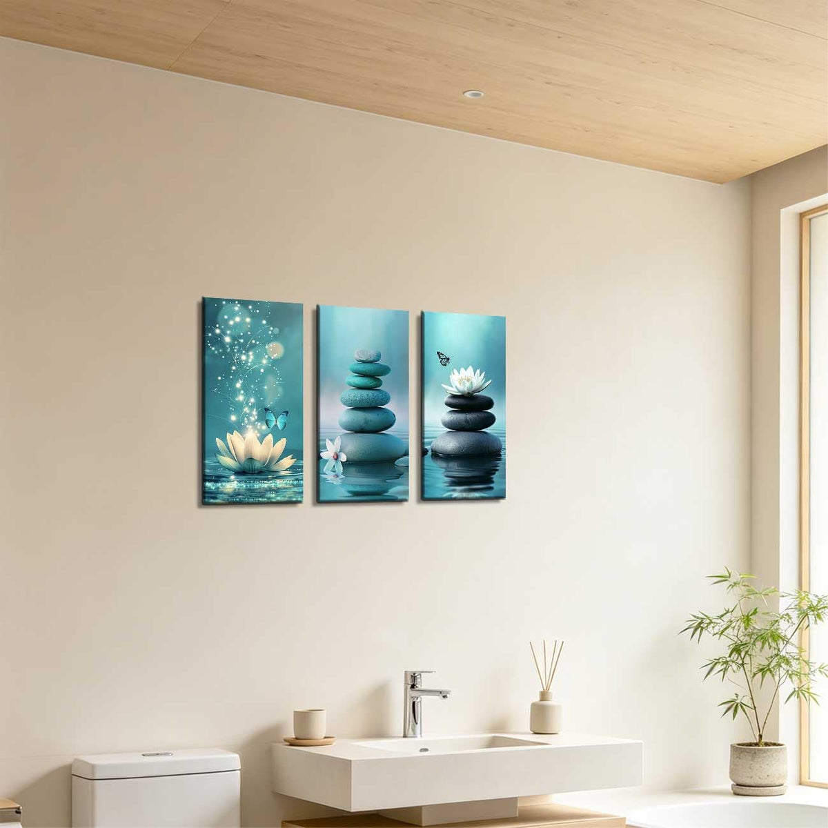Set of 3 Zen Bathroom Canvas Wall Art Prints Teal Zen Stone Poster Water Lily with Butterfly Paintings Picture Yoga Meditation Artwork Spa Room Decor (Teal / 36x18inx3 Pieces)