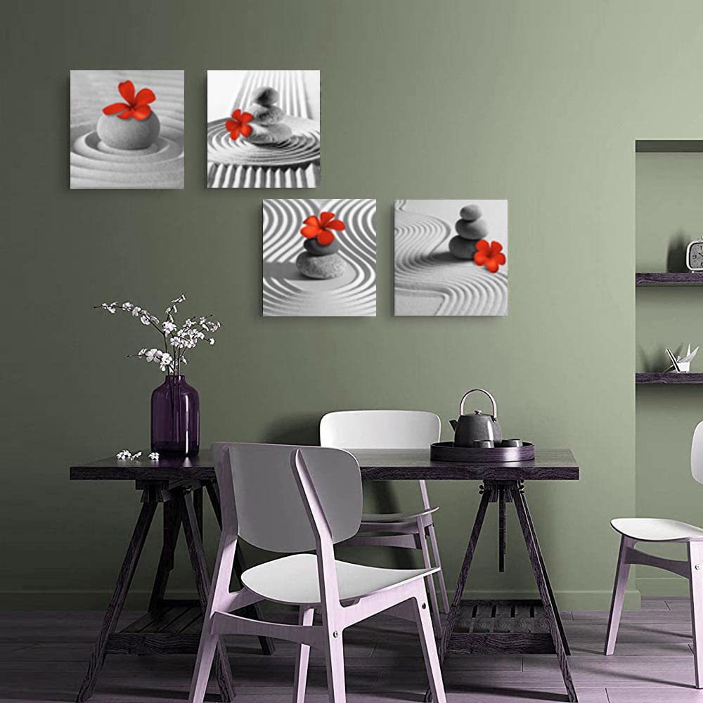 Bathroom Decor Zen Decor Gray Wall Art Red Floral Wall Pictures Black and White Wall Art Flower Zen Stone Sand Pebble Canvas Print Artwork for Bedroom Living Room Home Wall Decoration (zen red grey / 12"L x 12"W x 4 pcs)