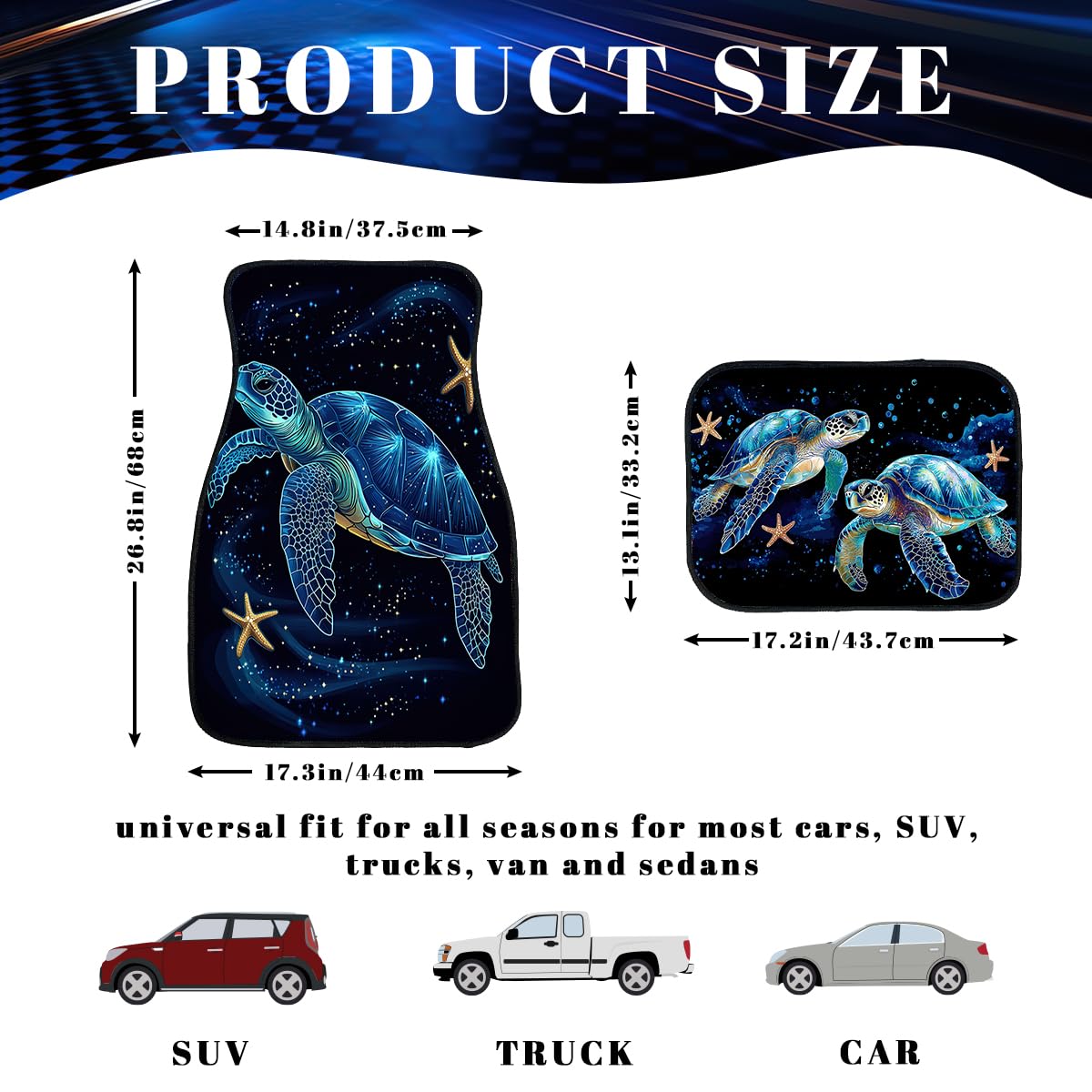 Sea Turtle Car Floor Mats Set of 4 Starfish Watercolor Painting Colorful Automotive Car Floor Carpets Non (26.8"L x 17.3"W x 0.4"Th / Sea Turtle)