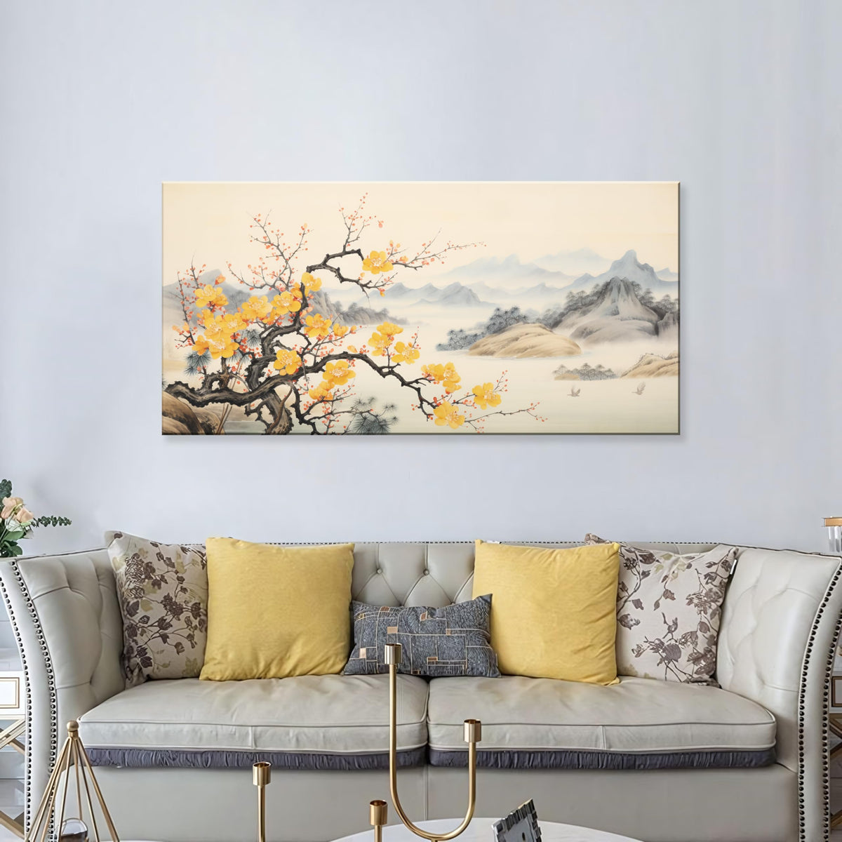 Asian Wall Art Traditional Chinese Painting Oriental Yellow Plum Blossom Canvas Pictures for Wall Decor Home decor for Living Room Cherry Blossom Decor Landscape Artwork Framed Ready to Hang (Yellow Blossom-One Piece / 32"L x 16"W)
