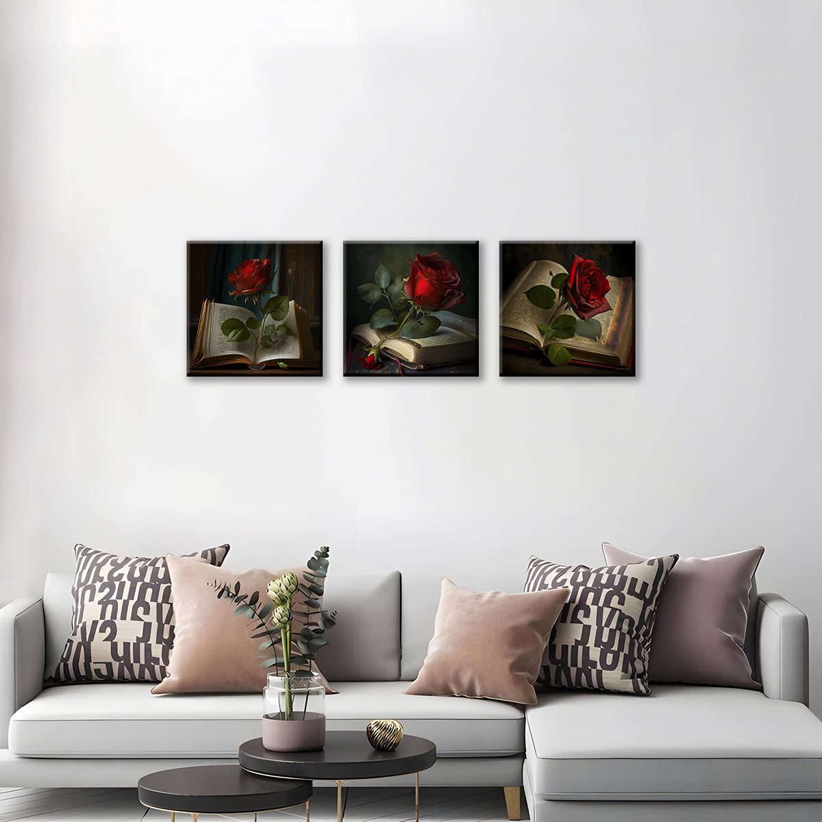 Vintage Red Wall Decor for Living Room Green Leaf Retro Wall Art Red Rose on Books Pictures Bedroom Decor Kitchen Home Decorations 16x16 3 Pcs (16 x 16 inches (3-Piece Set) / Vintage Rose)