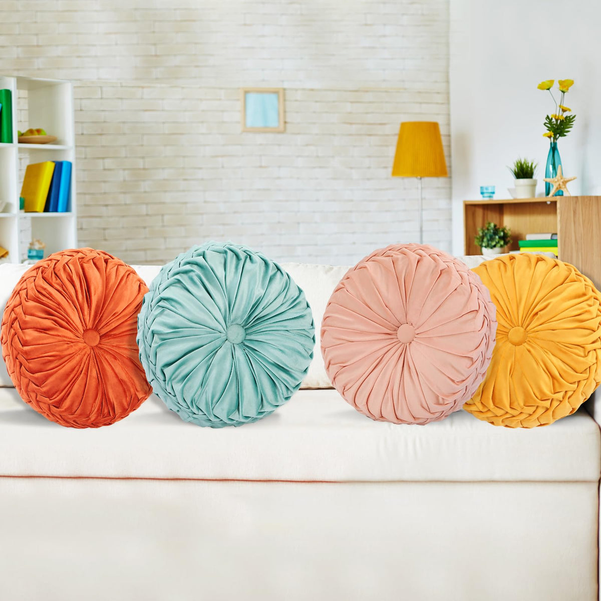 6 Pcs 15" Round Velvet Floor Cushions for Kids (Saffron Yellow Color)