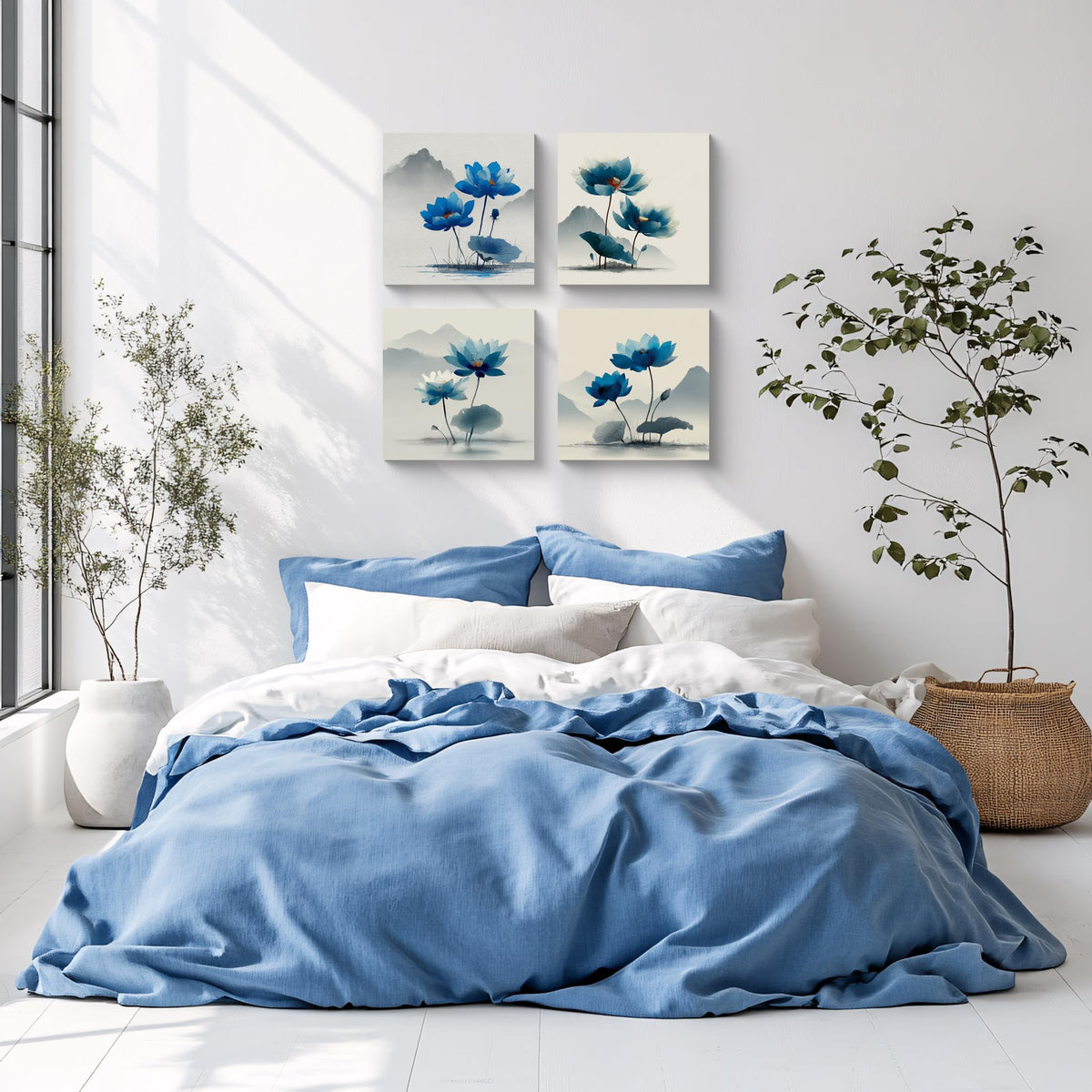 4PCS Blue Lotus Flower Wall Art Oriental Ink Painting Style Watercolor Botanical Canvas Print Traditional Chinese Zen Artwork Mountain Landscape Decor for Living Room Bedroom Meditation Space (16X16inchX4 / Blue Lotus-1)