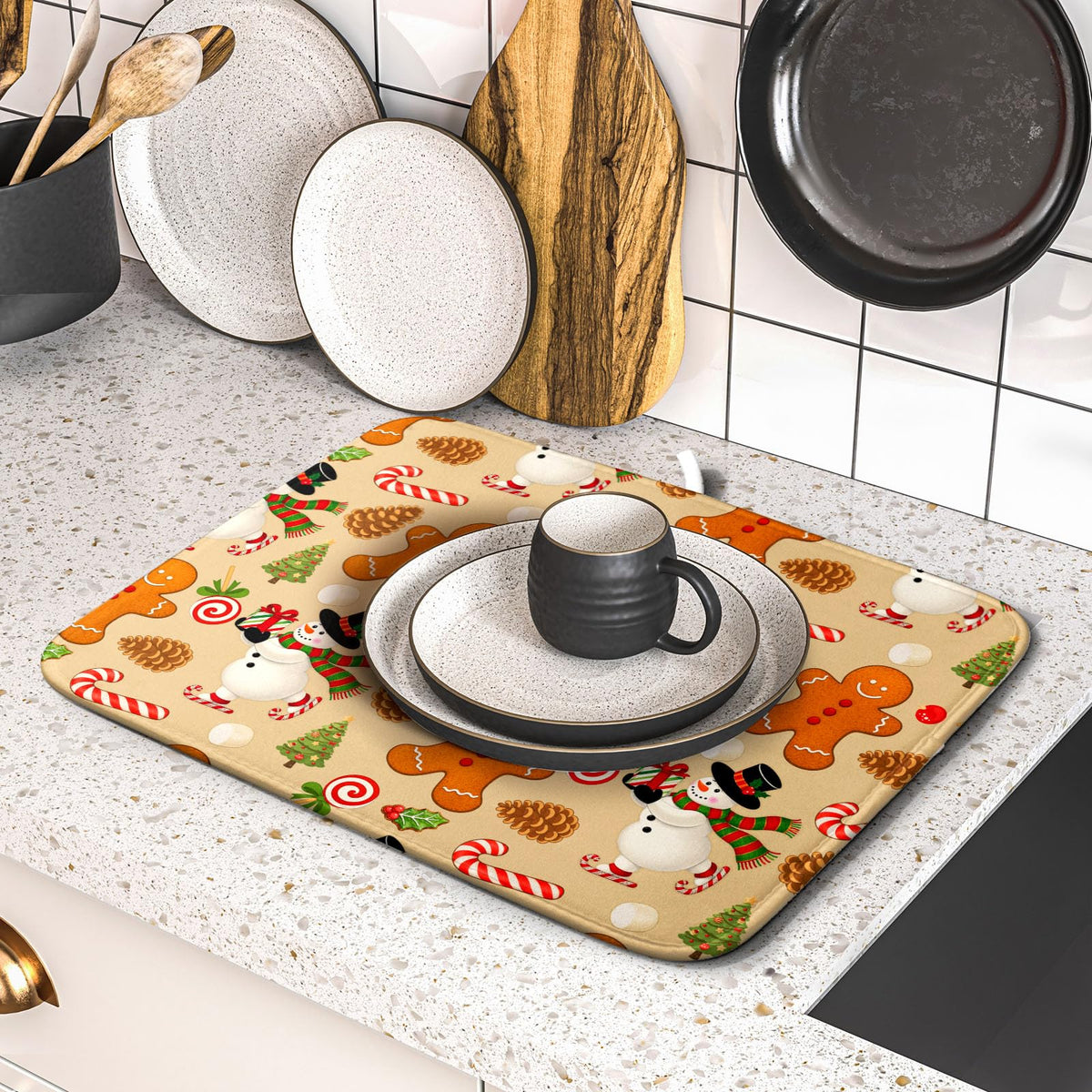 Xmas Gingerbread Man Candy Cane Dish Drying Mat for Kitchen Counter (Gingerbread Man / 16" x 18")