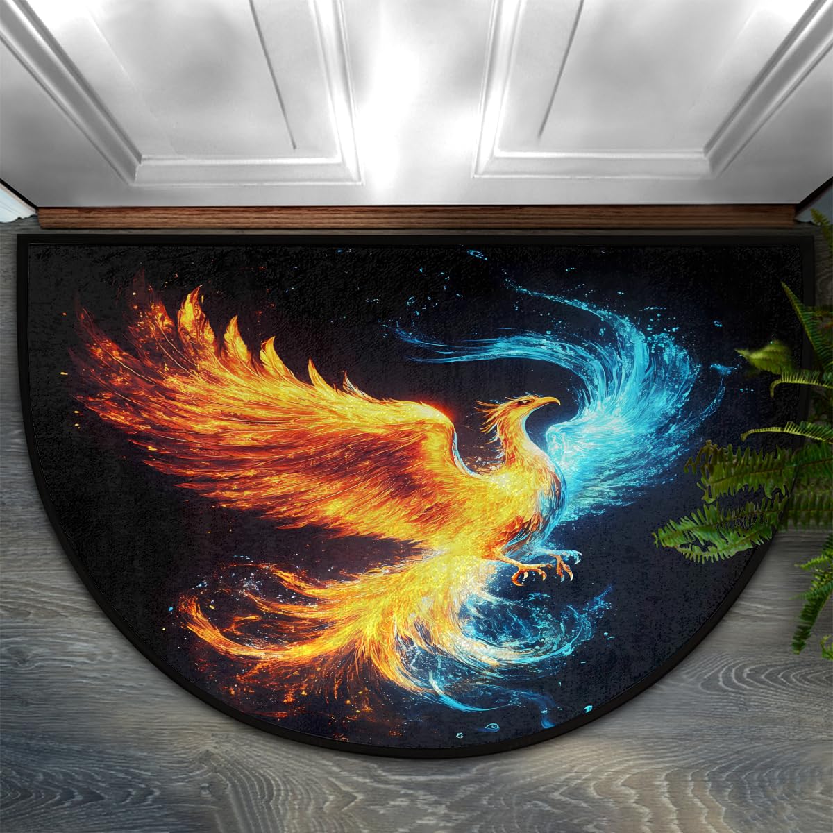 Abstract Fire Water Phoenix Half Round Door Mat Indoor Entrance Low Pile Non Slip Absorbent Semi Circle Welcome Mats Doormats 36x24 in Floor Mats for Home Kitchen (Abstract Fire Water Phoenix)