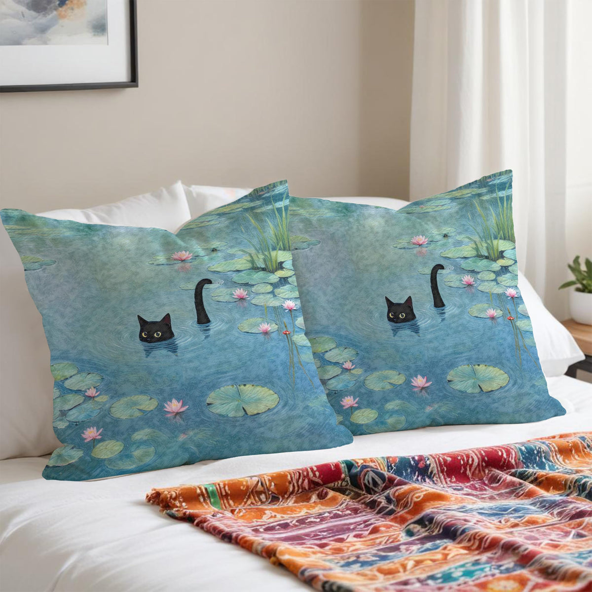 Black Cat Art Painting Throw Pillow Covers 18x18 (Style02)