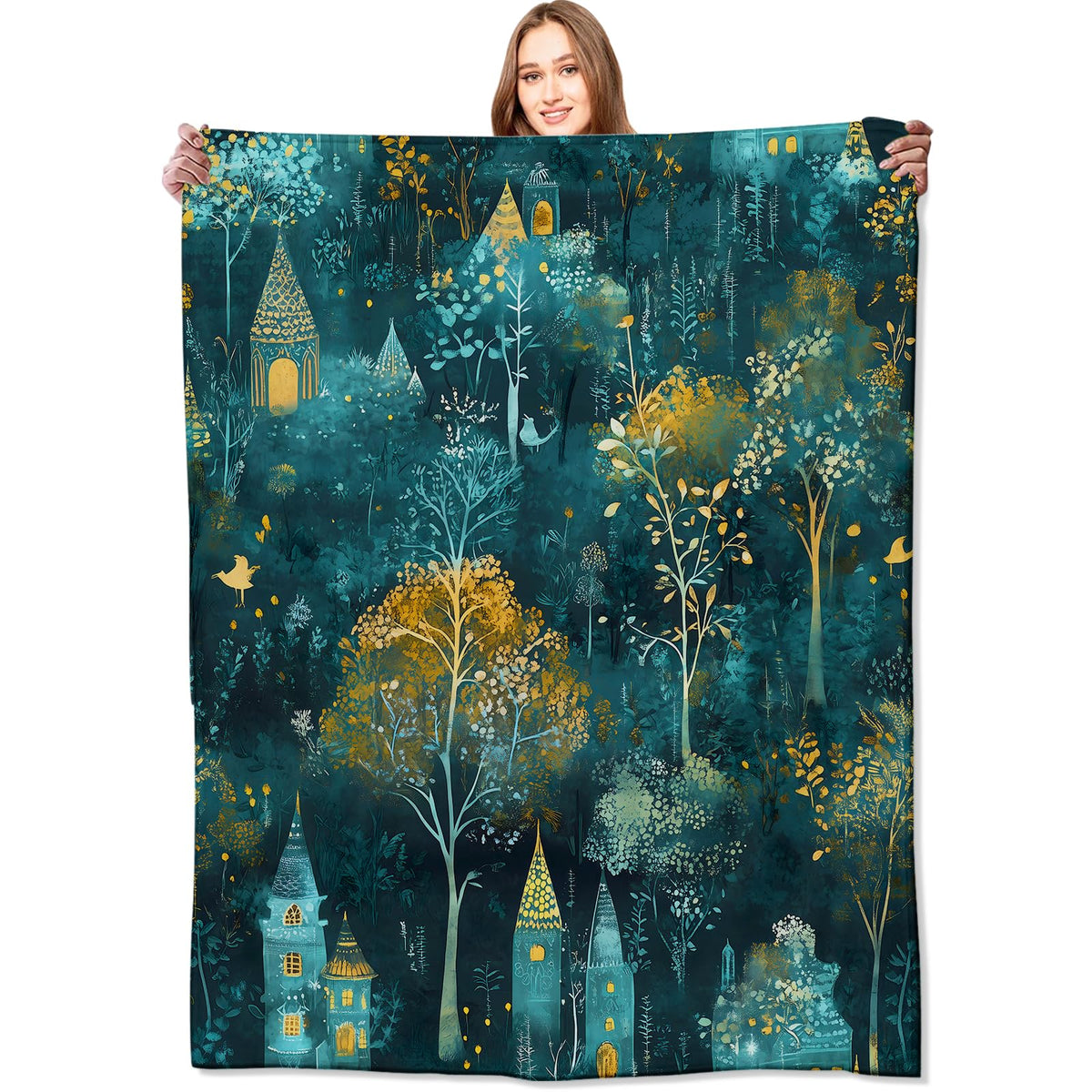 Enchanted Forest Blanket Magical Woodland Scene Blue Gold Boho Throw Blankets (40x50in / Forest)