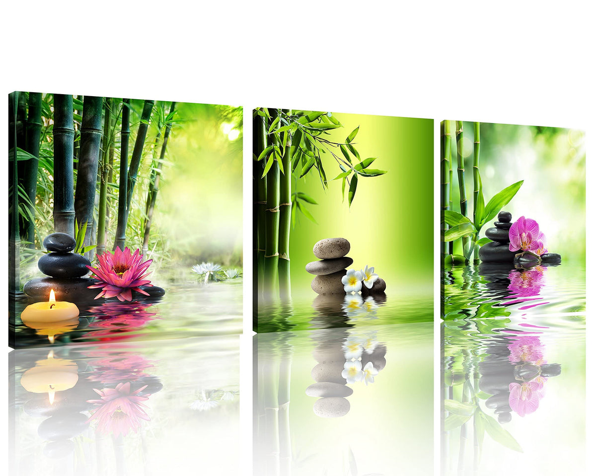 3 Panels Zen Art Spa Decor Green Bamboo Decor Pink Waterlily and Frangipani Pictures Spa Pictures Zen Canvas Painting Prints Art Bamboo & Flowers Pictures for Home Decoration (12x12inchx3 / Colorful Flower Spa Stone)