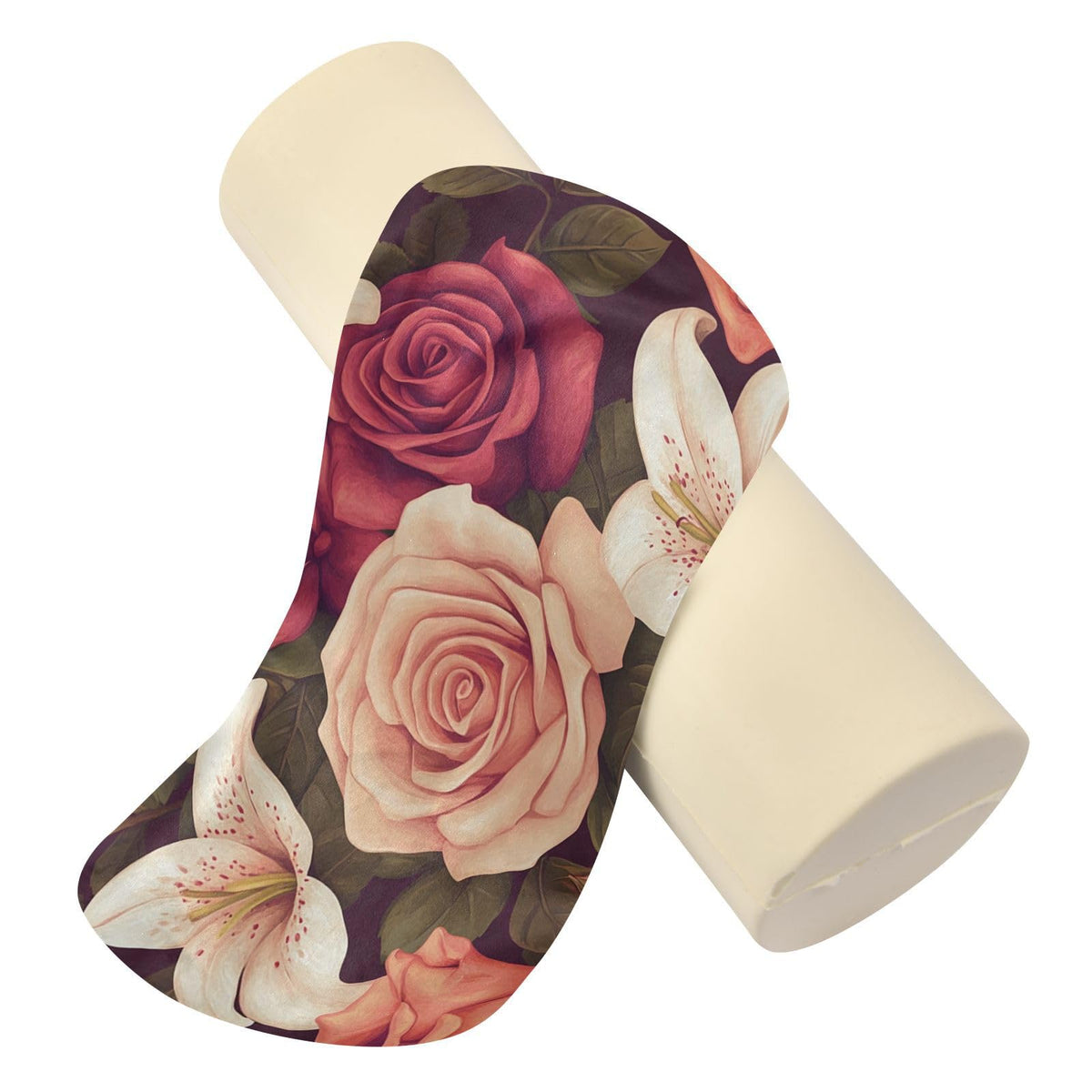 Roses and Lily Flowers Neck Roll Pillow Bolster Round Health Memory Foam Long Cervical Cylinder Pillows with Removable Washable Cover for Body Bed Legs Back Yoga (Roses and Lily Flowers)