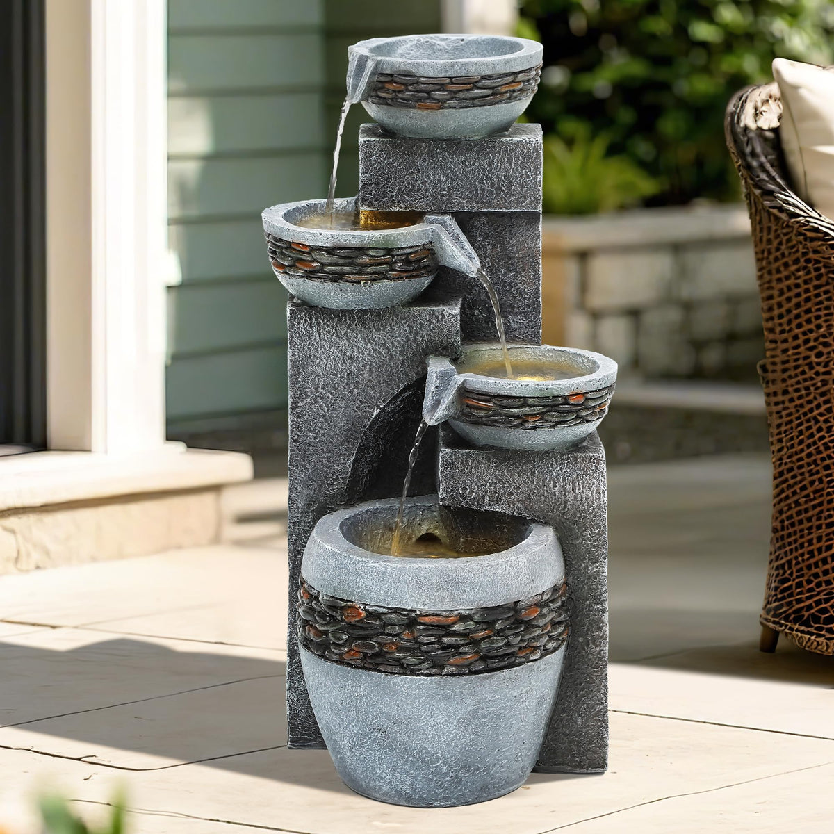 4 Tier Outdoor Water Fountain with Pebble Texture and LED Lights (Concrete-look)